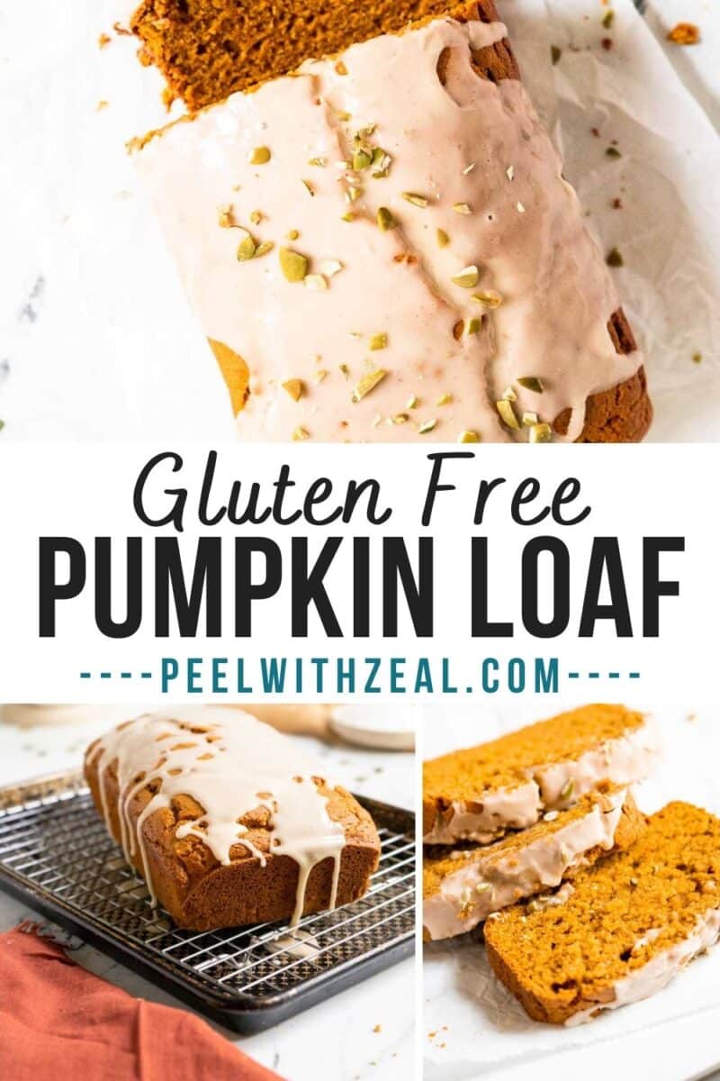 Gluten-free pumpkin bread with white icing and seeds on a cooling rack, sliced and displayed on a cutting board. Text overlay reads "Gluten Free Pumpkin Loaf - peelwithzeal.com.