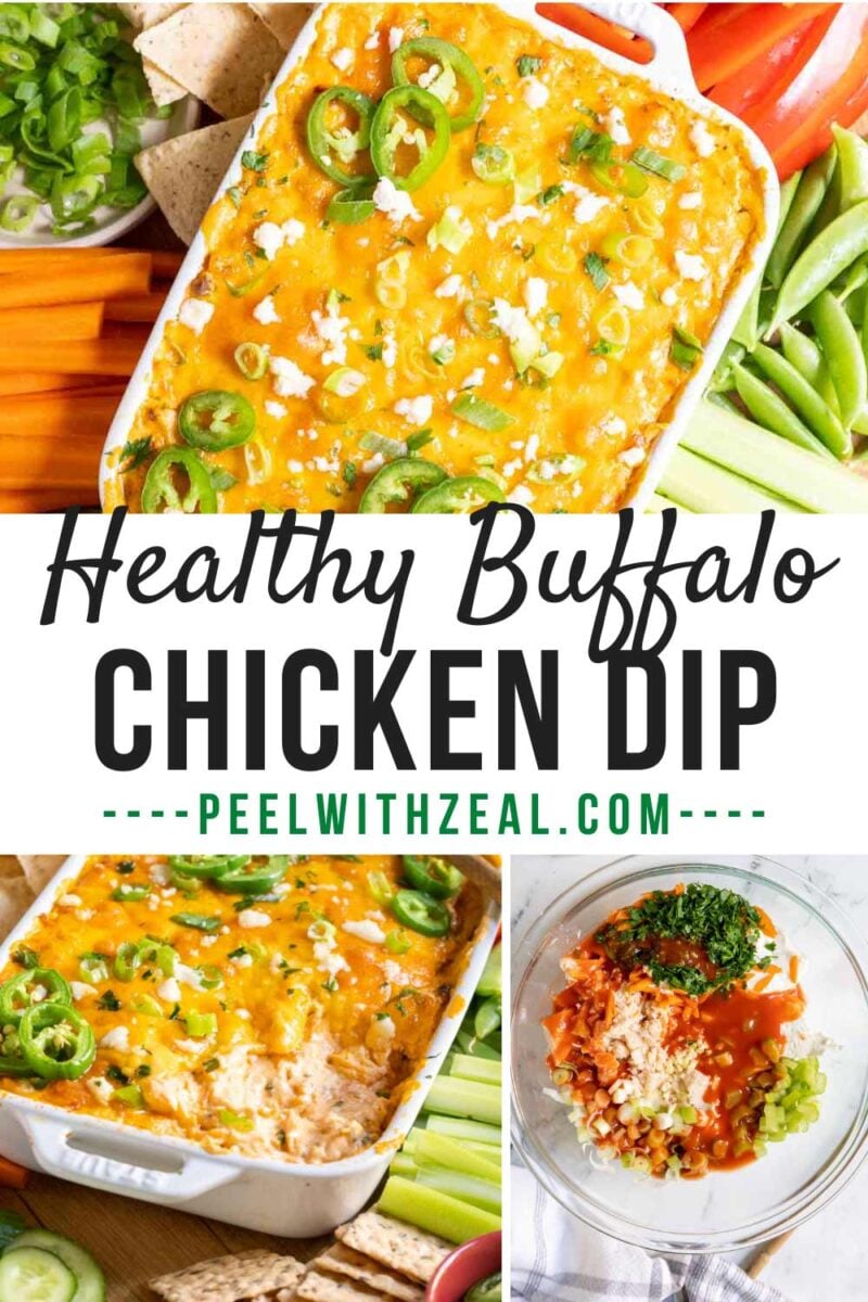 Buffalo chicken dip baked in a white dish.