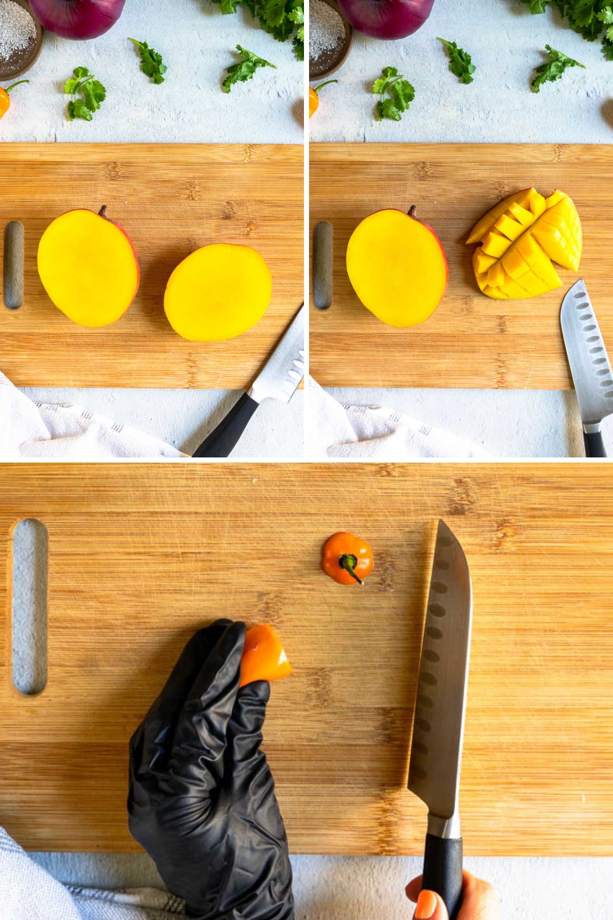 cutting mangoes and habanero peppers