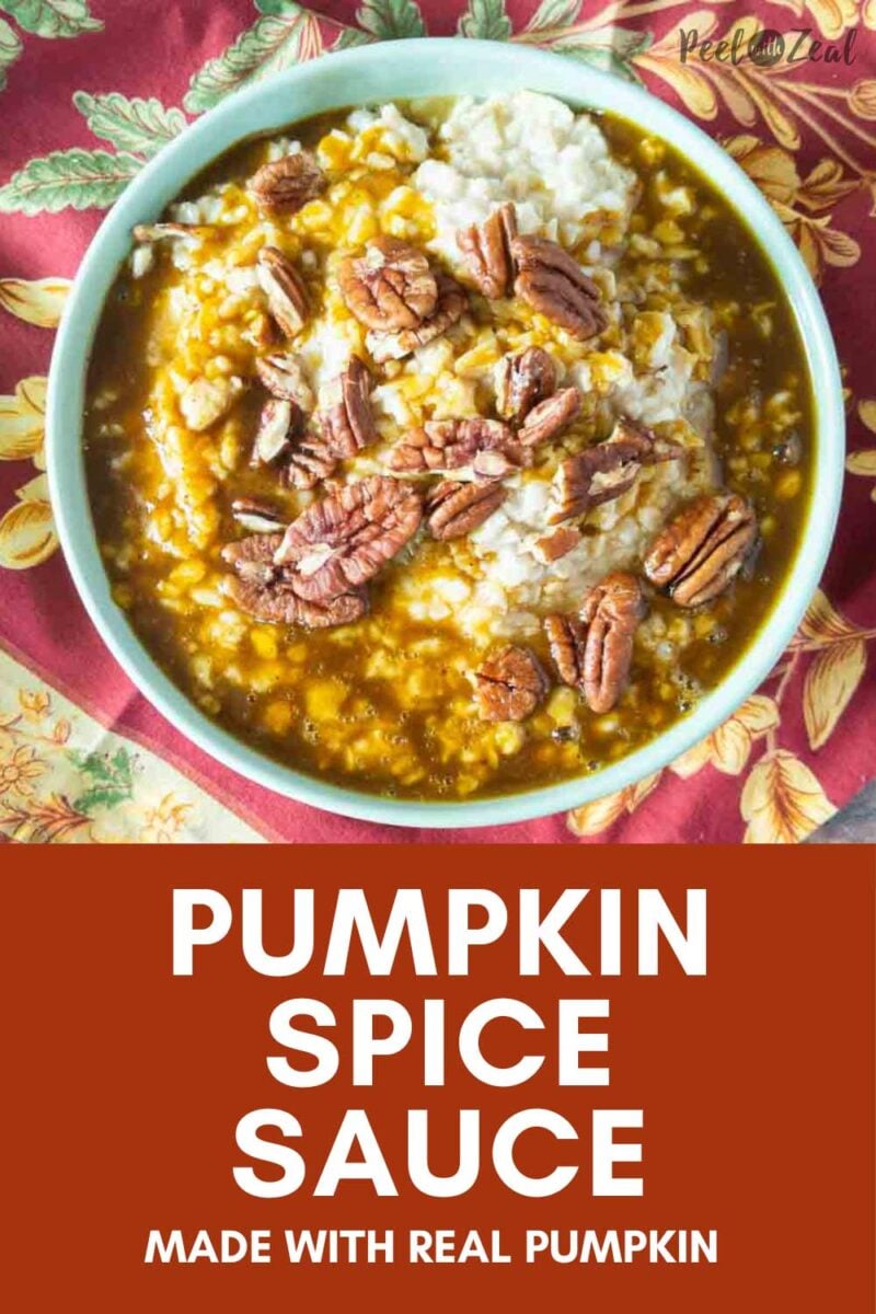 Bowl of oatmeal topped with pumpkin sauce and pecans.