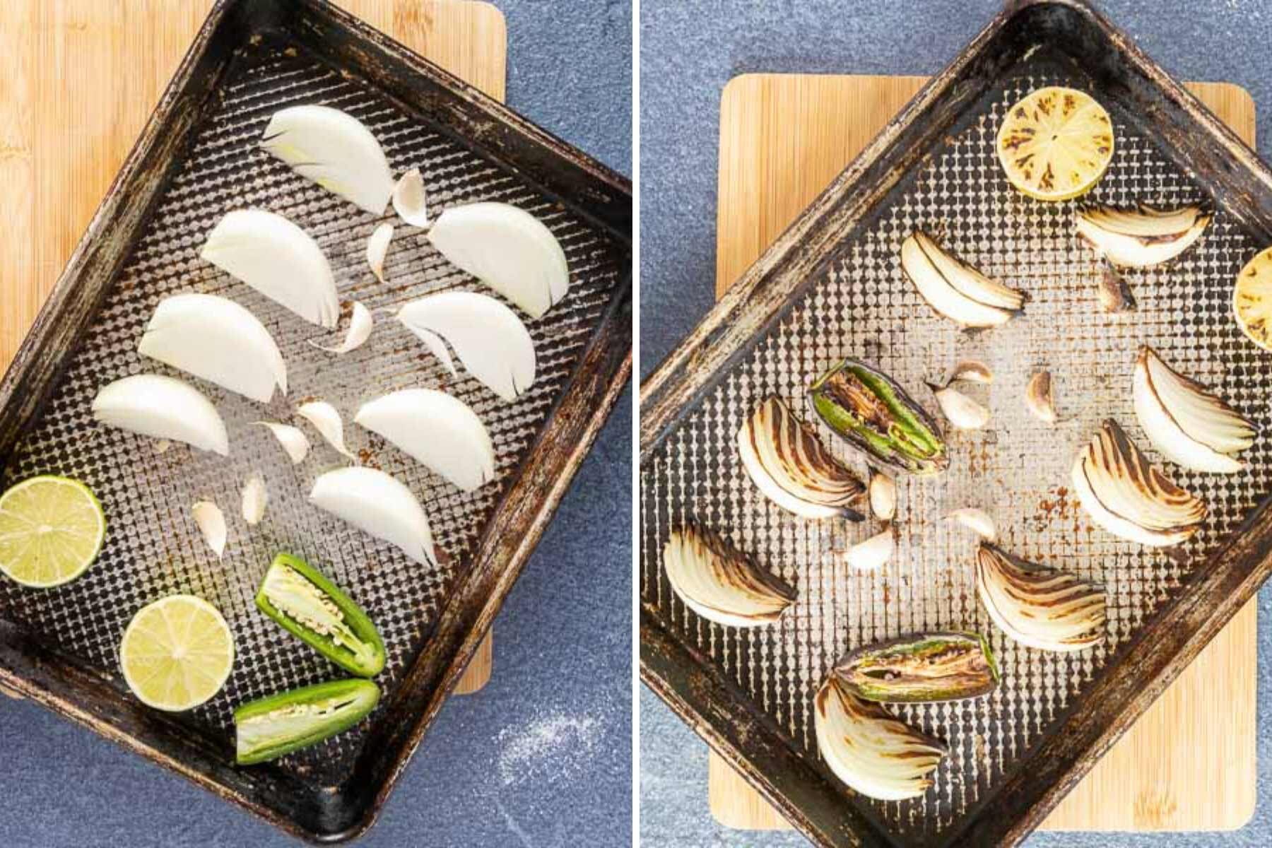 Two side-by-side images of a baking tray: the left shows raw onion wedges, garlic cloves, lime halves, and jalape&ntilde;o; the right shows them roasted and browned-perfect for making salsa with canned tomatoes.