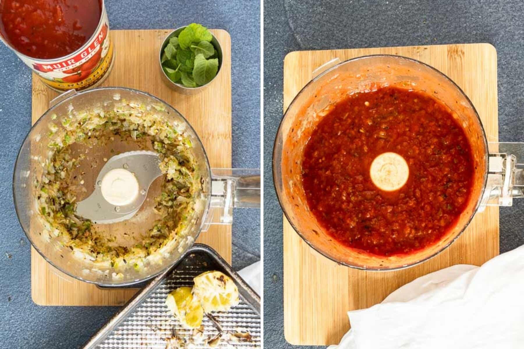 Side-by-side images of a food processor: the left shows chopped onions and herbs, the right features blended salsa with canned tomatoes. Ingredients and a can of tomatoes rest on the cutting board.