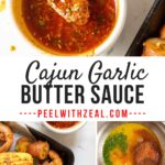 Cajun butter sauce in a white bowl on serving platter with a seafood boil.