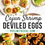 Cajun deviled eggs with shrimp on a serving platter.