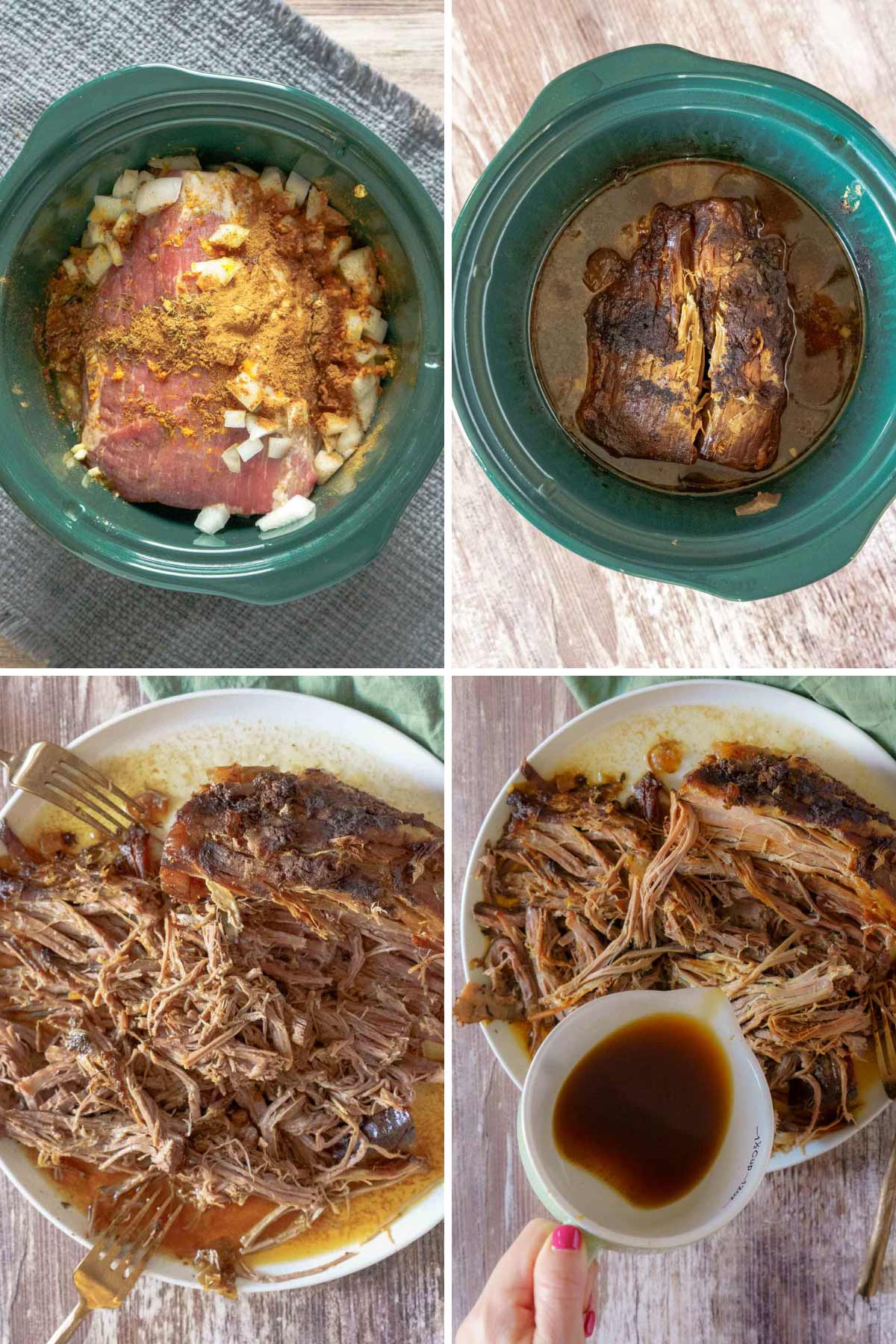 Add ingredients to a slow cooker, shredding the roast beef, and pouring over the gravy.