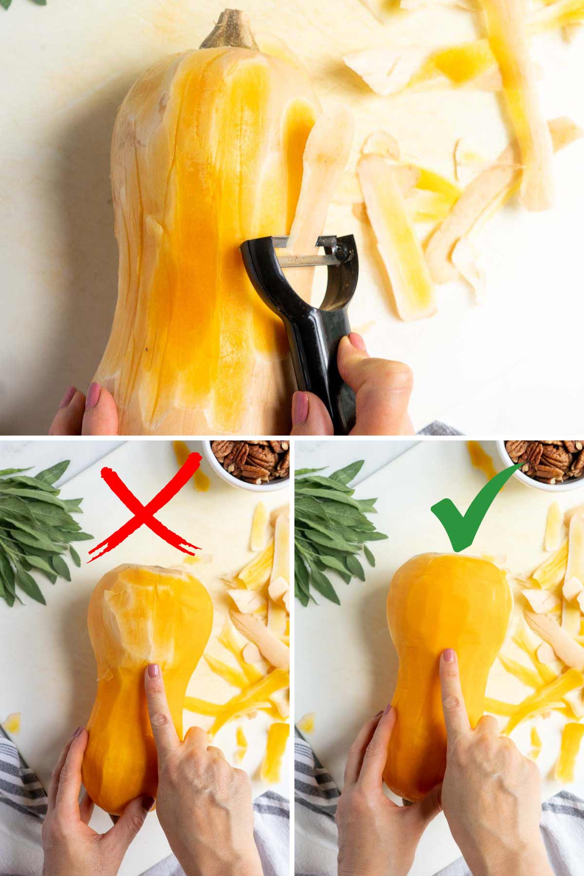 Peeling butternut squash to remove the white rind.