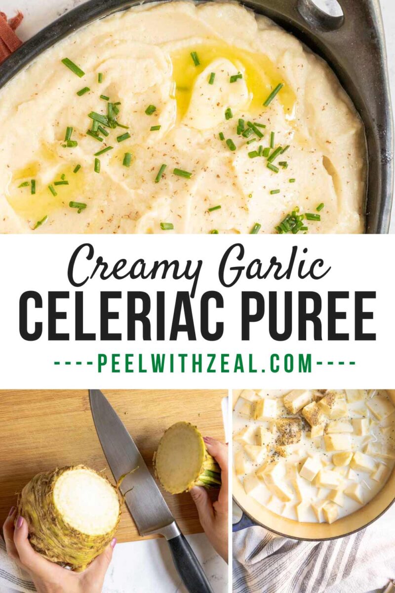 Celeriac puree in a bowl with butter and chives. Preparing the celeriac.