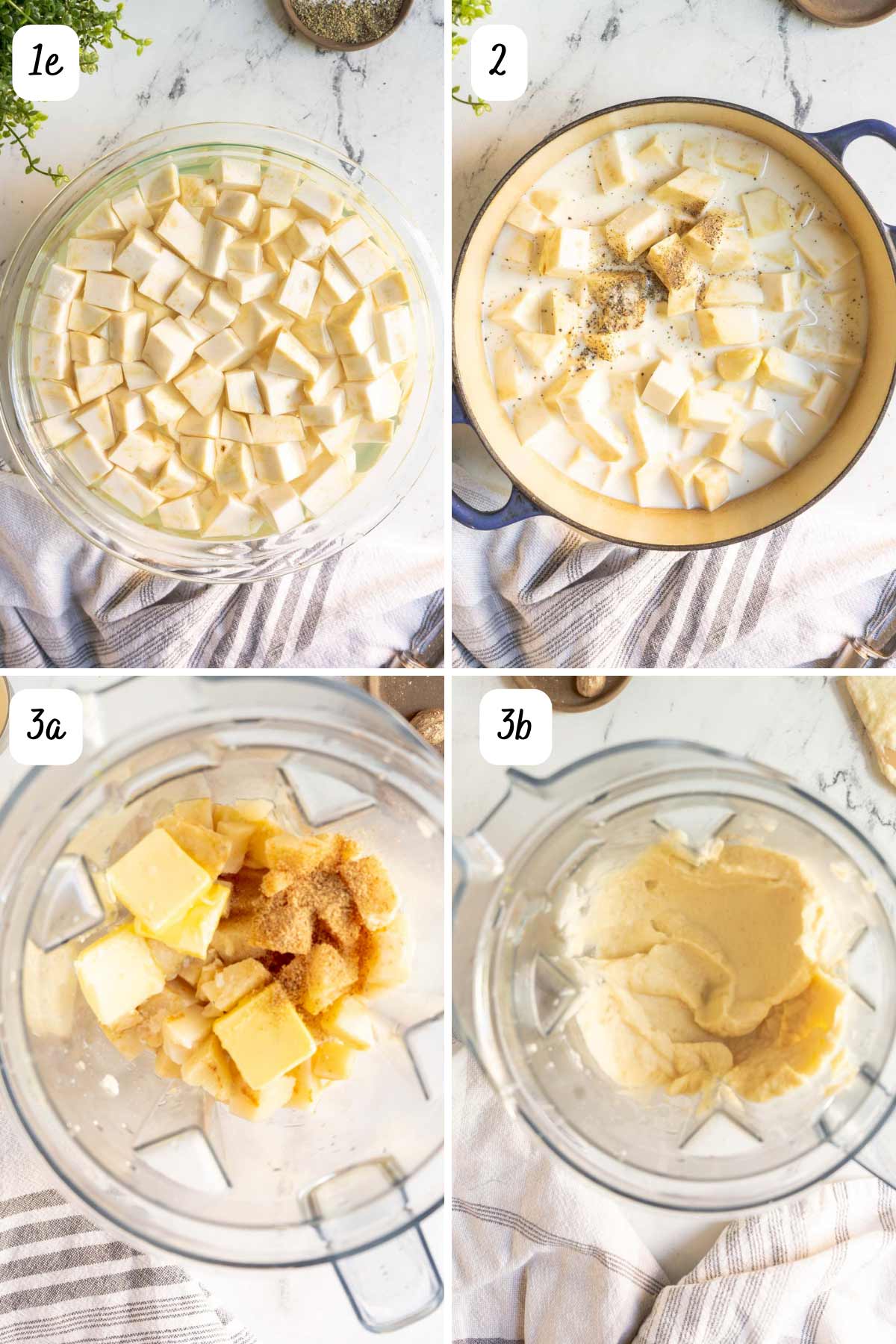 Simmering celeriac in milk and then placing it in a blender.