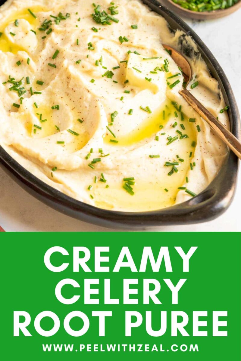 Celeriac puree in a bowl with a gold serving spoon.