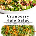 Pouring dressing on kale salad and finished kale salad with cranberries and cheese.