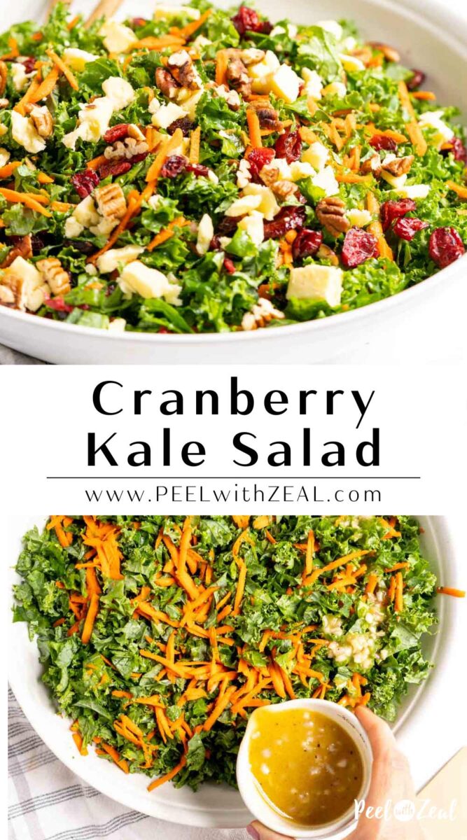 Pouring dressing on kale salad and finished kale salad with cranberries and cheese.