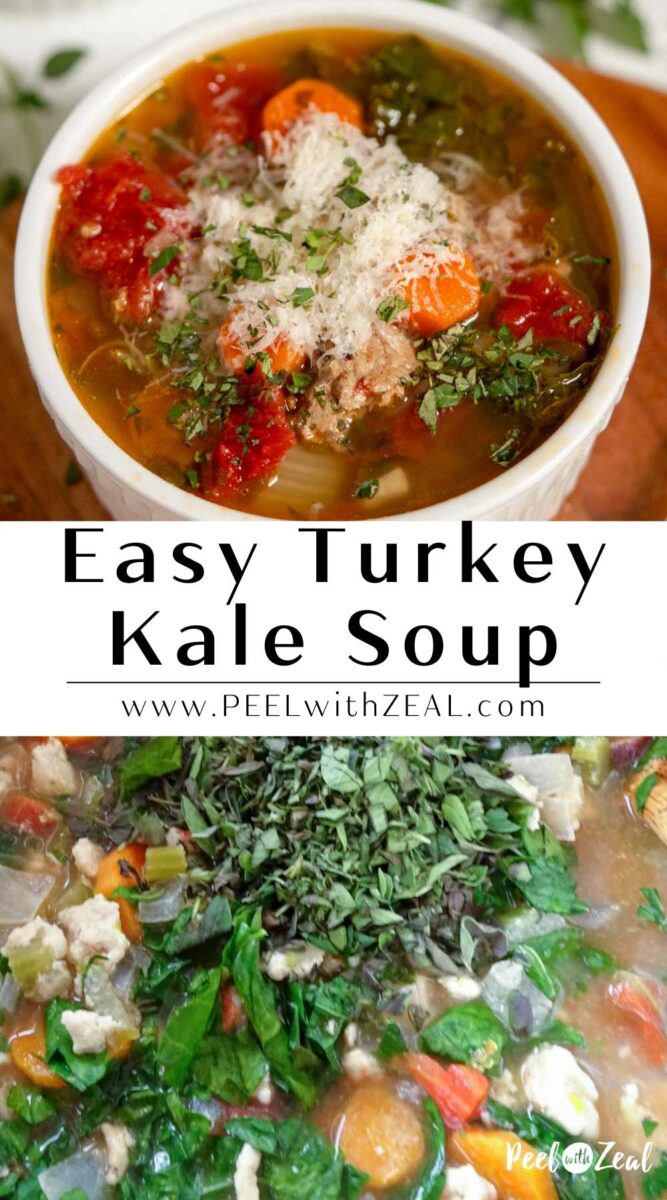 Bowl of turkey kale soup above a pot of coup simmering.