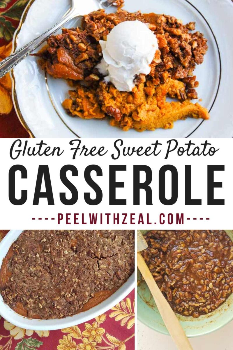 Sweet potato crunch in a white casserole dish and some of the casserole spooned out onto a plate.
