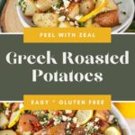 Greek lemon potatoes in a serving bowl with extra potatoes on a baking pan.
