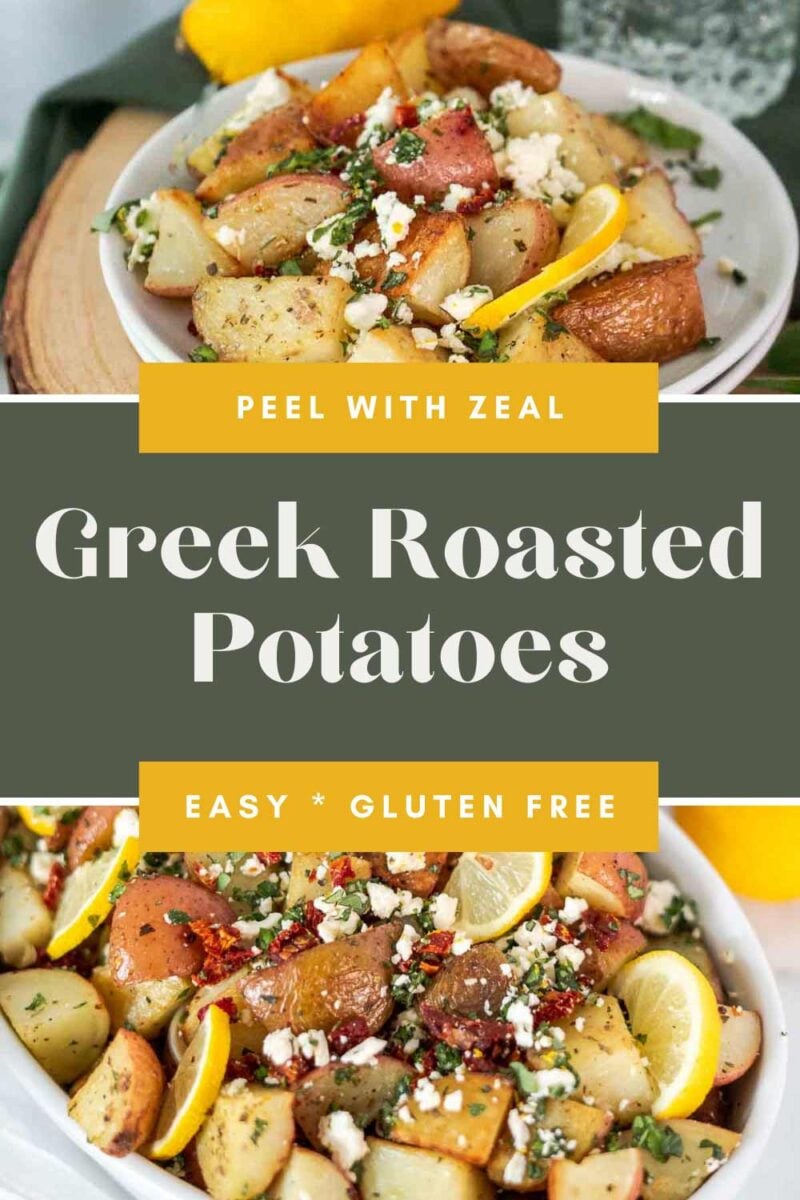 Greek lemon potatoes in a serving bowl with extra potatoes on a baking pan.