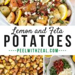 Greek lemon potatoes in a serving bowl with extra potatoes on a baking pan.