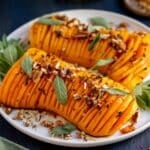 Hasselback style squash on a white plate with sage leaves.