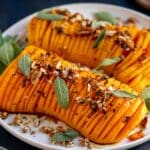 Hasselback style squash on a white plate with sage leaves.