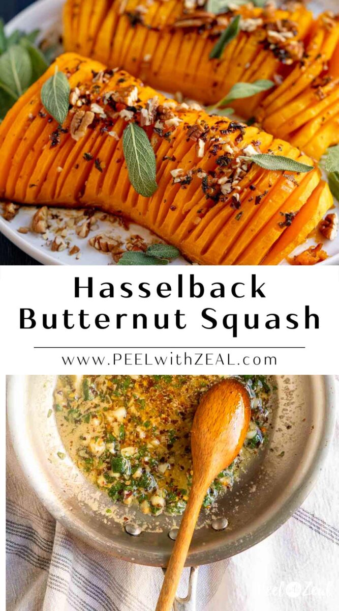 Hasselback squash on a white plate with sage leaves, pecans and chili flakes and butter sauce in pan.