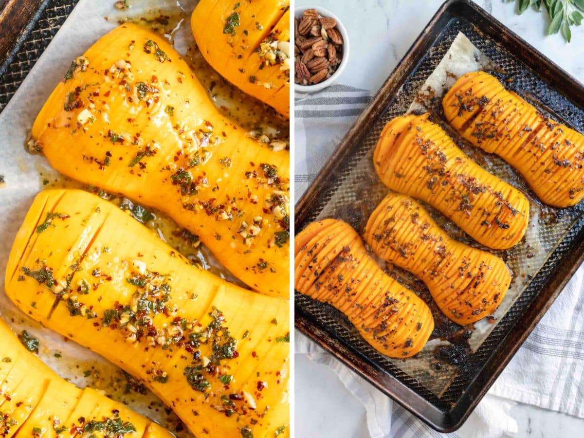 Hasselback Butternut Squash, halved and scored, is topped with herbs and seasoning, then arranged on a baking tray for roasting.
