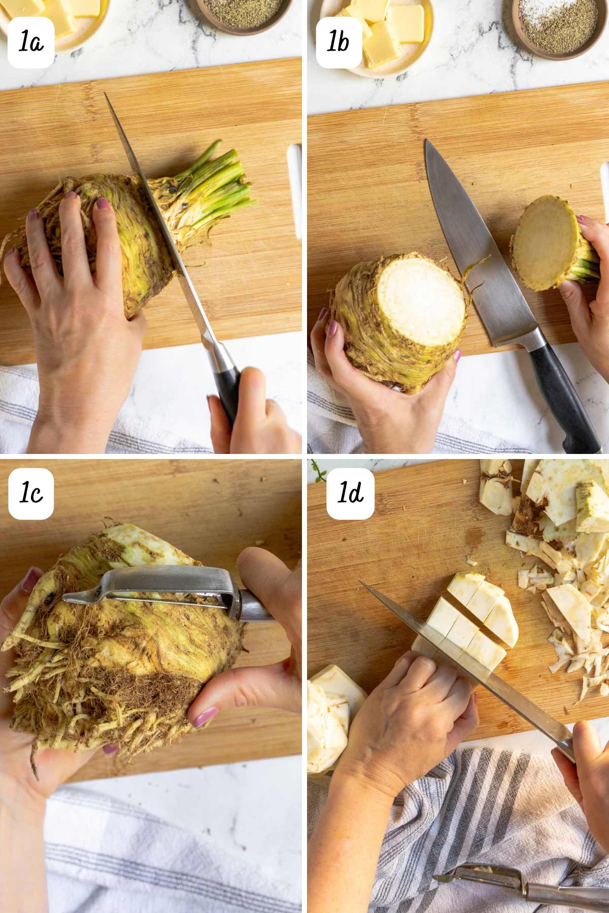 A person peeling and cutting celery root.