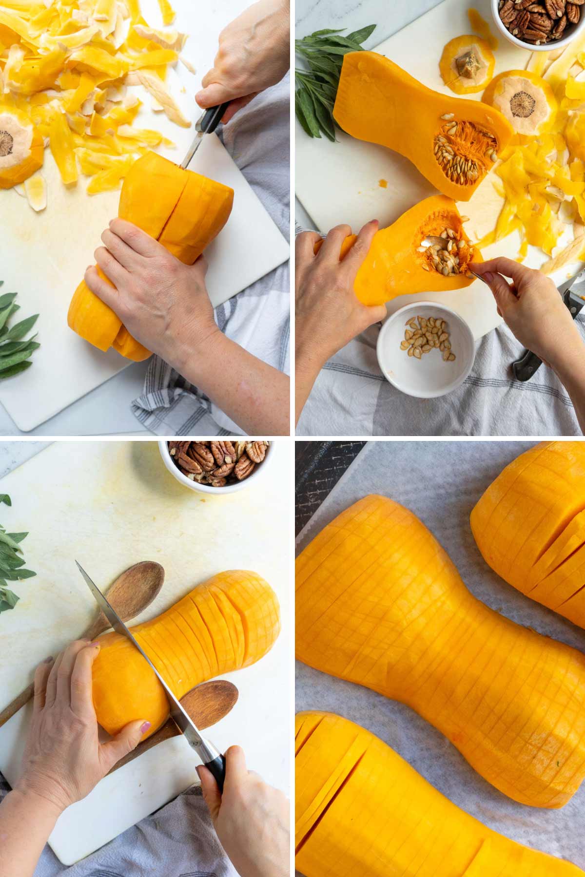 Cutting the squash and half and using two spoons to line up the hasselback cuts.