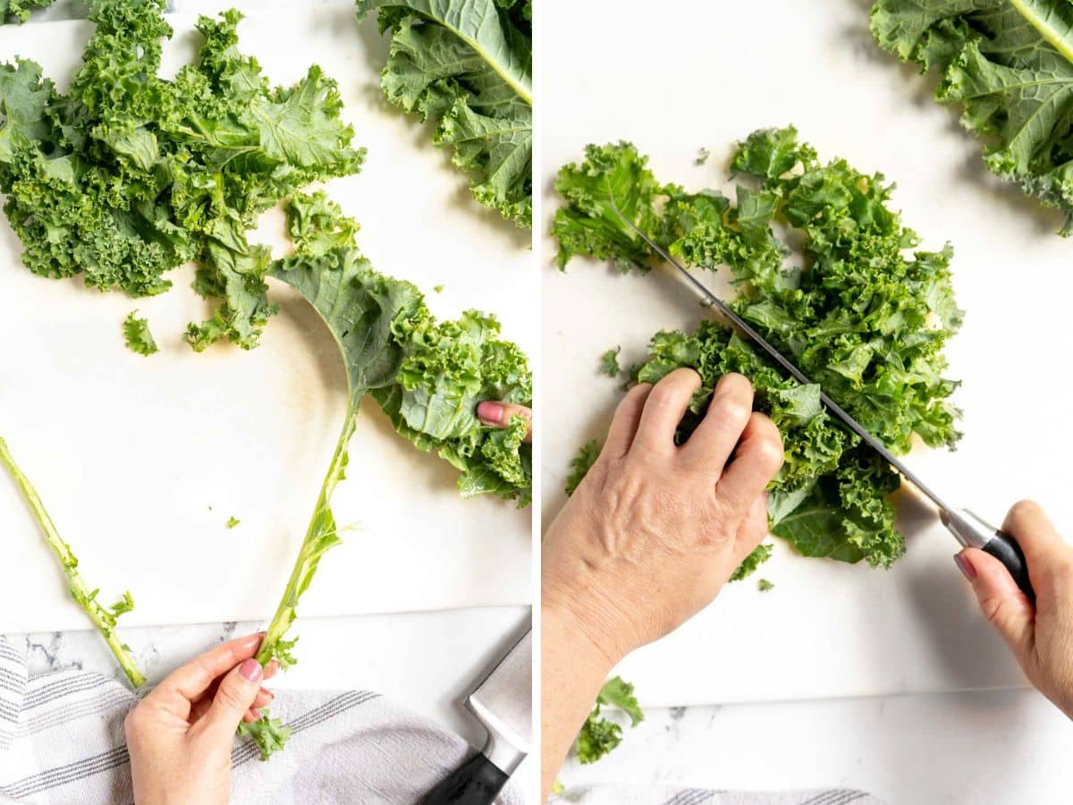 Two side-by-side images showing hands removing kale leaves from stems on the left, and chopping the kale leaves for a Kale Salad.