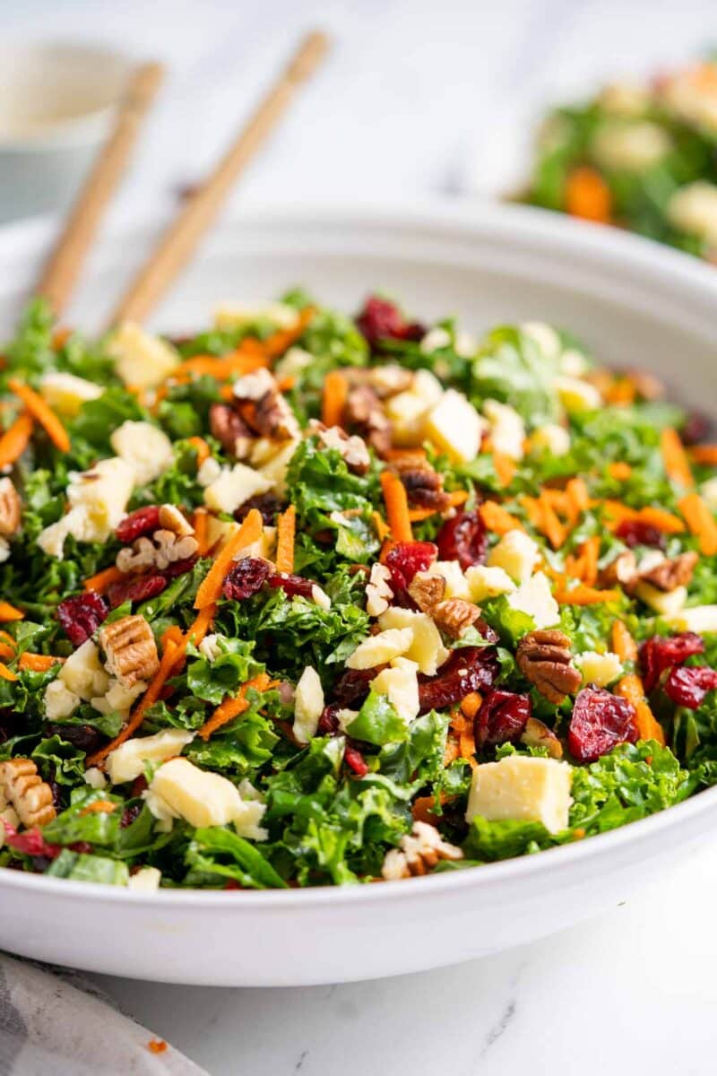 Kale and cranberry salad in a white serving bowl.