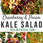 Kale and cranberry salad in a white serving bowl.