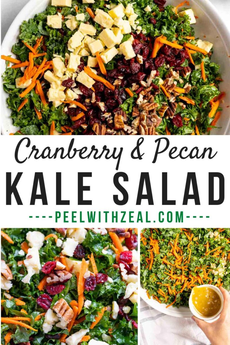 Kale and cranberry salad in a white serving bowl.