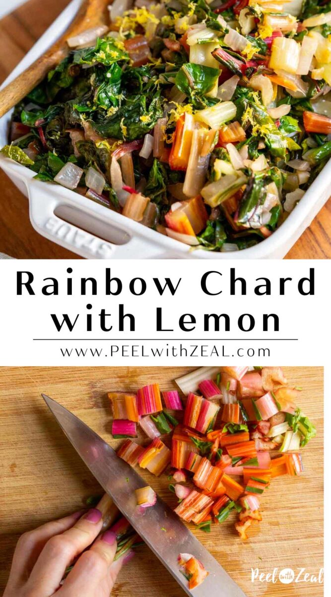 Cooked chard in a white dish with lemon zest.