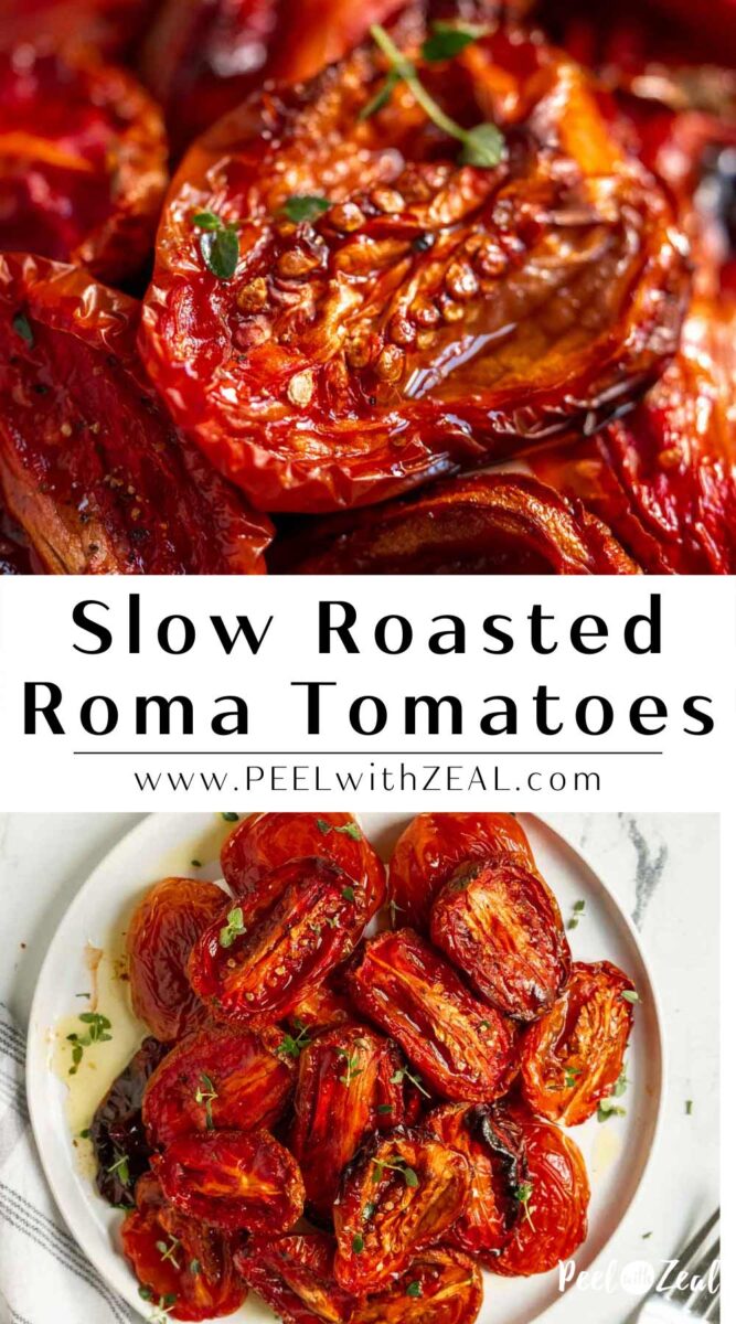 Slow roasted roma tomatoes on a plate.