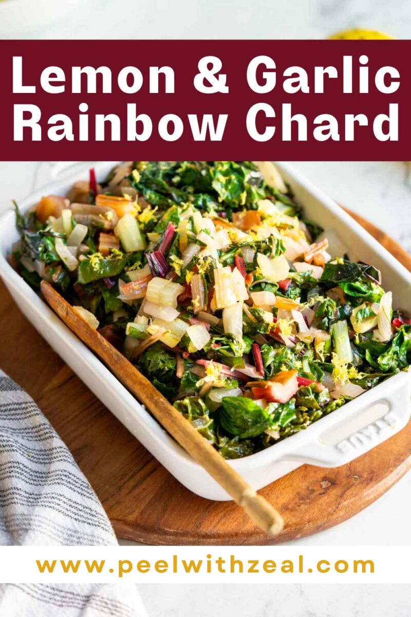 Cooked chard in a white dish with lemon zest with a wooden spoon.