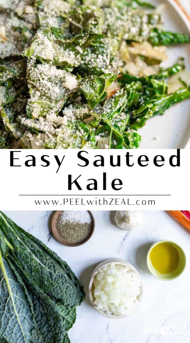 Sauteed kale with parmesan cheese and ingredients on a counter.