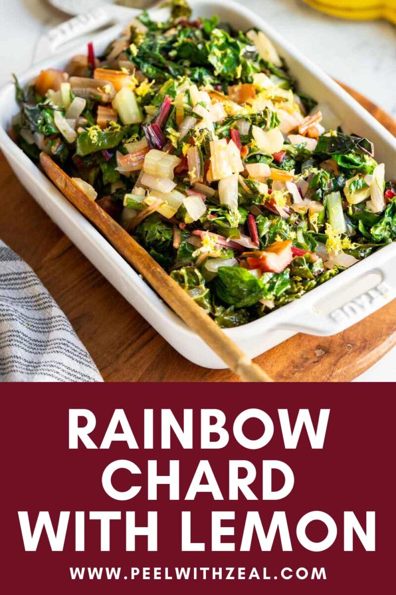 Cooked chard in a white dish with lemon zest.