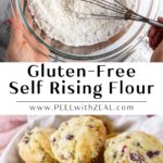 Bowl of self rising flour and a basket of muffins with berries.