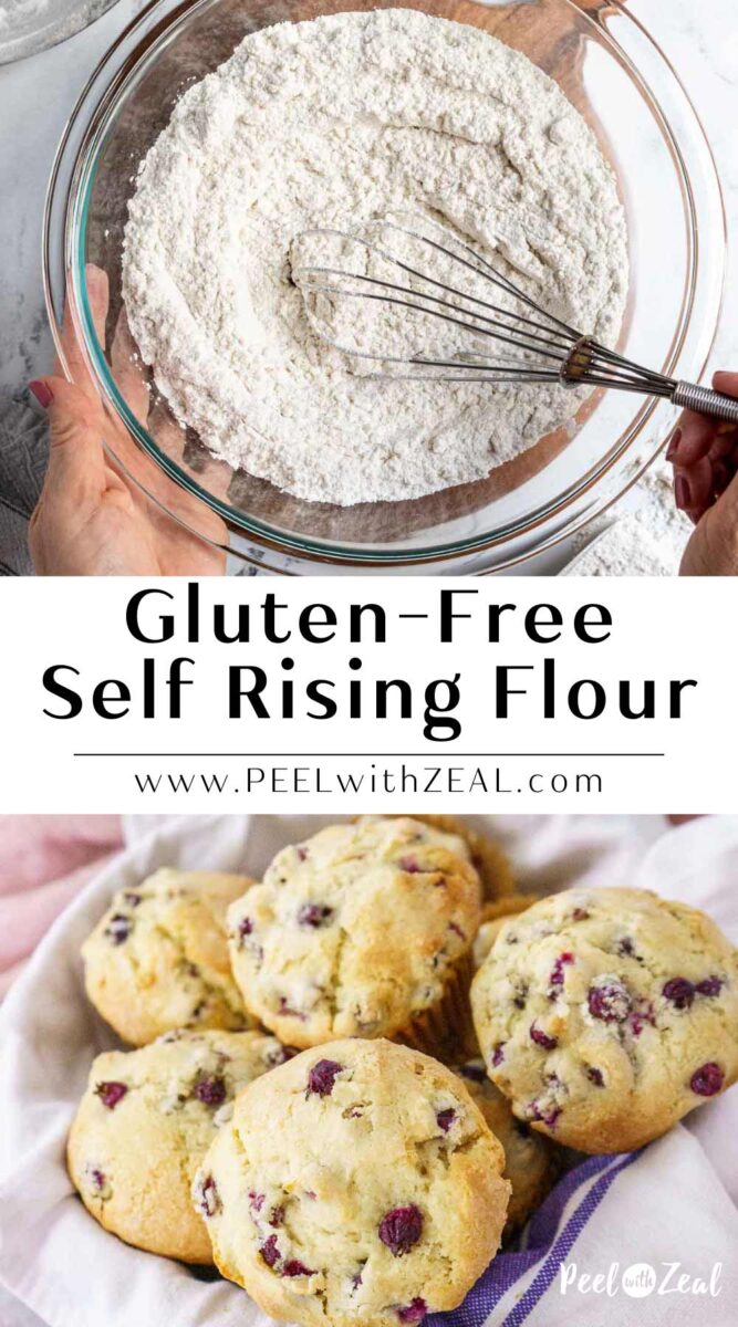 Bowl of self rising flour and a basket of muffins with berries.