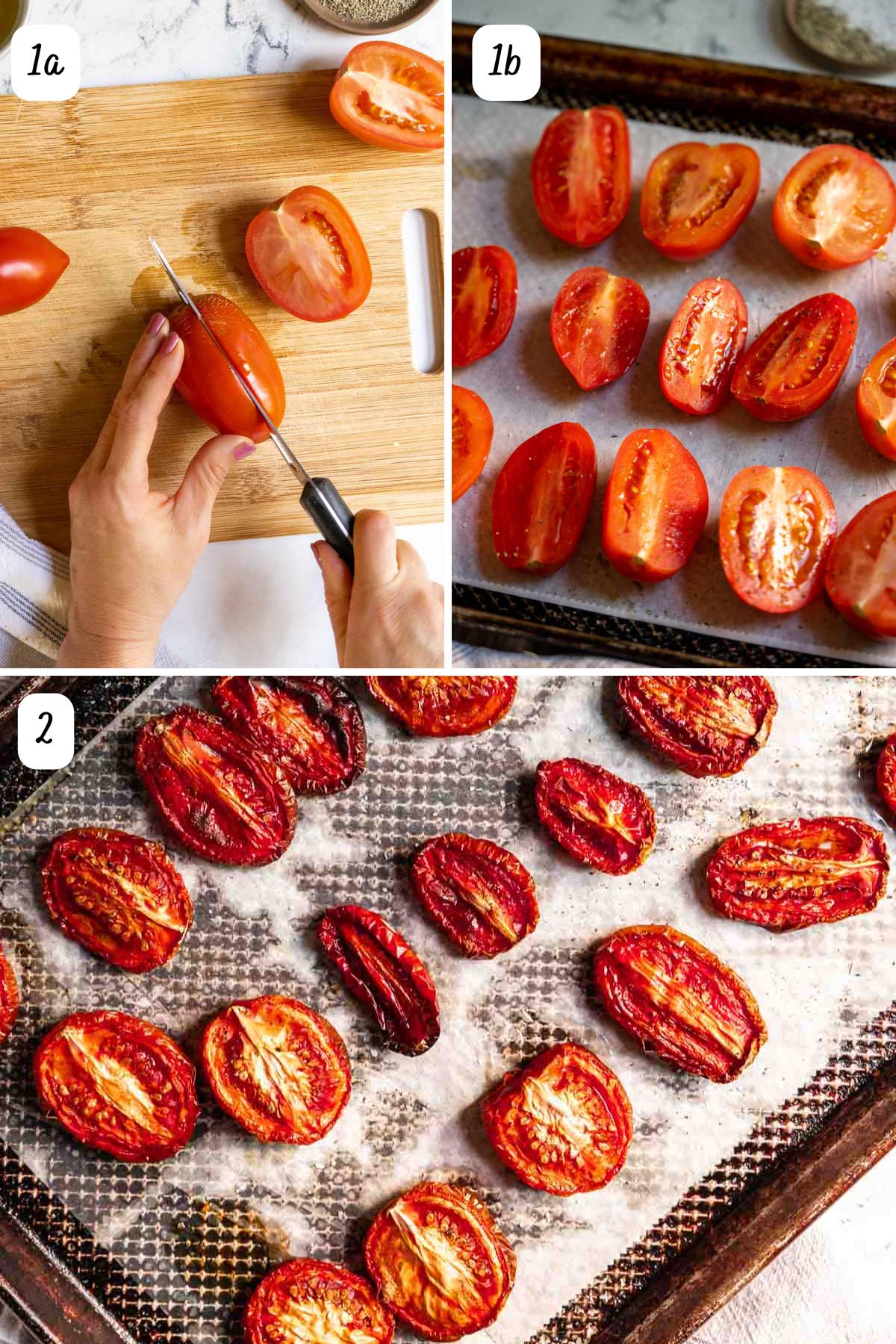 Slicing tomatoes and spacing them out on a baking sheet.