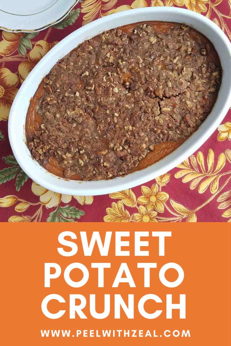 Sweet potato crunch in a white casserole dish.