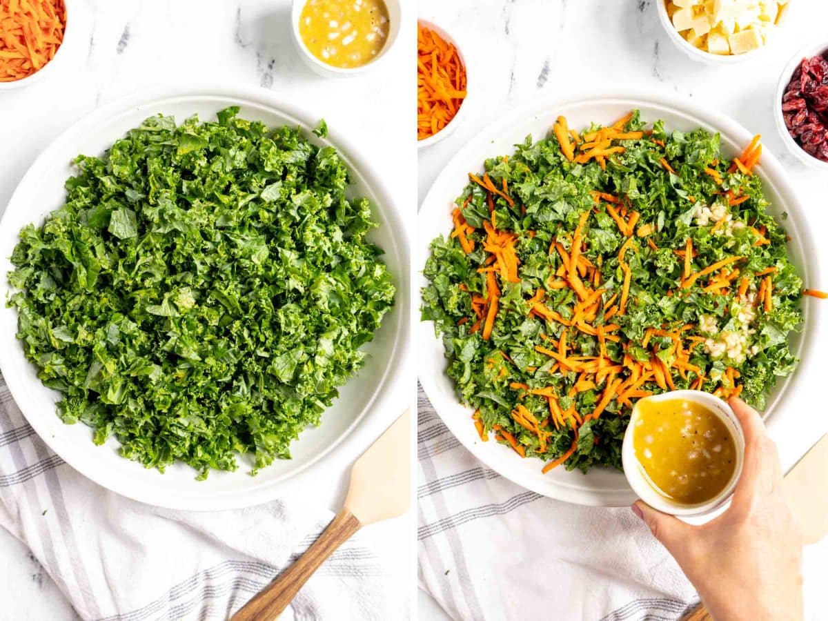 Two white bowls with kale salad; the left bowl has plain chopped kale, while the right features shredded carrots and dressing poured on top. Small bowls of other ingredients for this Kale Salad with Cranberries are arranged nearby.