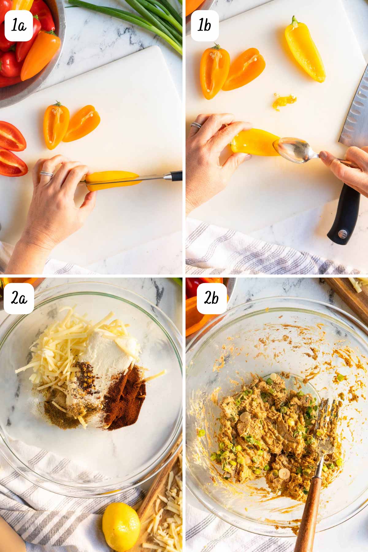 A person cutting and deseeding the mini peppers and the filling in a mixing bowl.