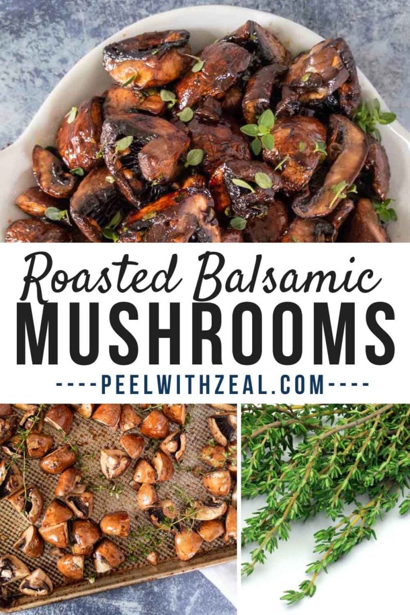 Roasted mushrooms in a white dish, mushrooms on a baking sheet, and a bundle of fresh thyme.