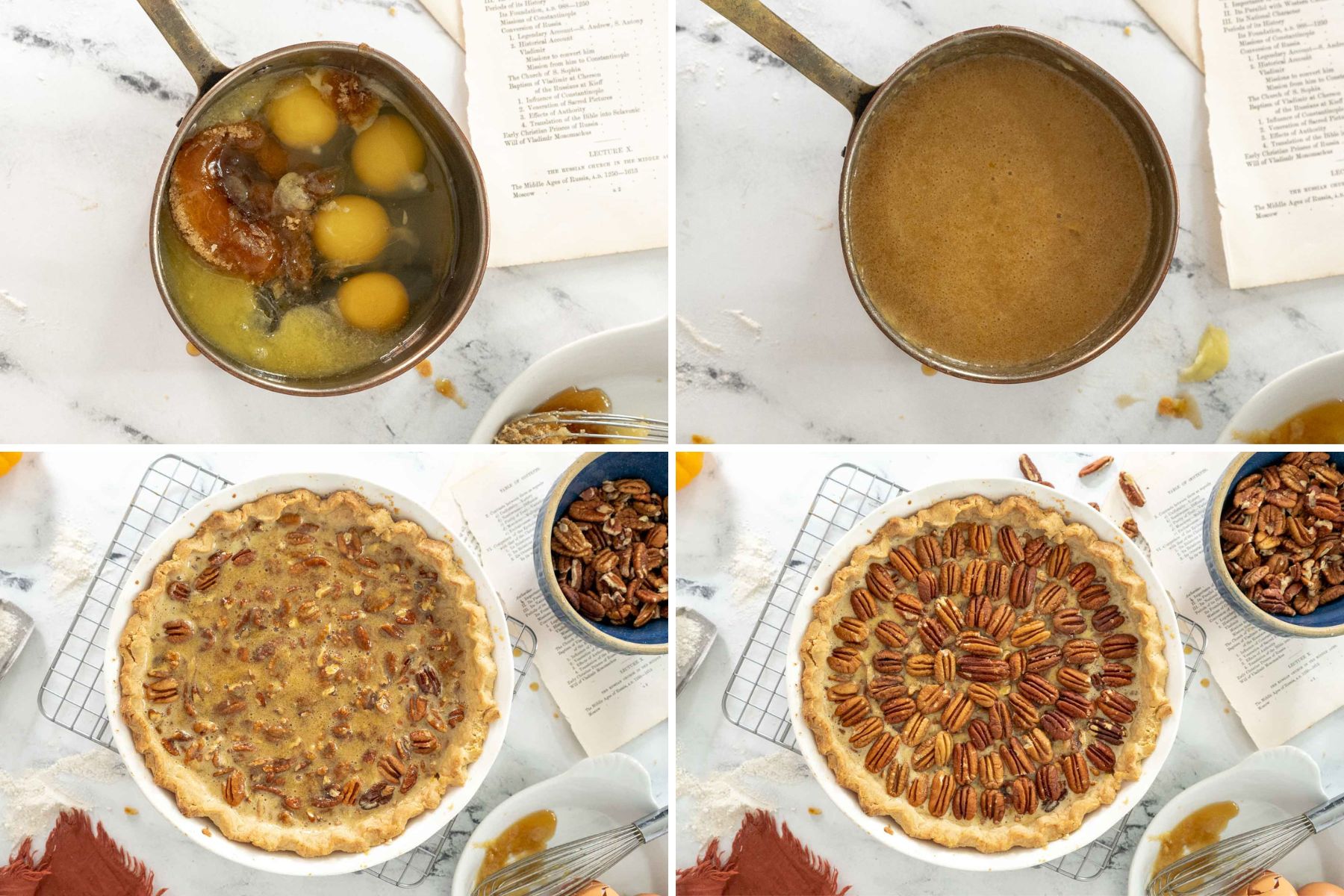A four-panel image showing steps in making a gluten free pecan pie: ingredients in a pot, mixed ingredients, filling in crust, and final baked pie with pecans arranged on top. Cookbooks and utensils in the background.