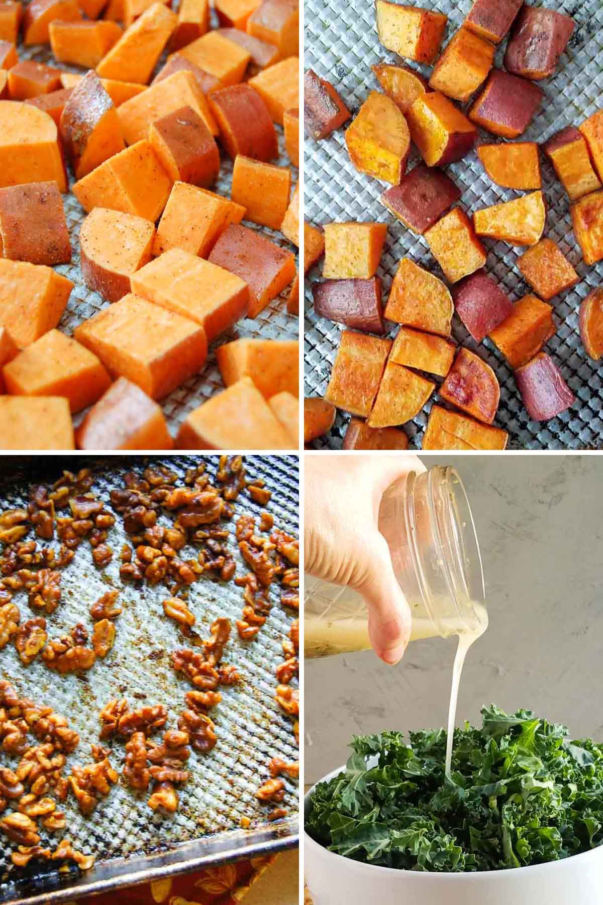 Sweet potatoes and walnuts on baking sheets and person pouring salad dressing on fresh kale.