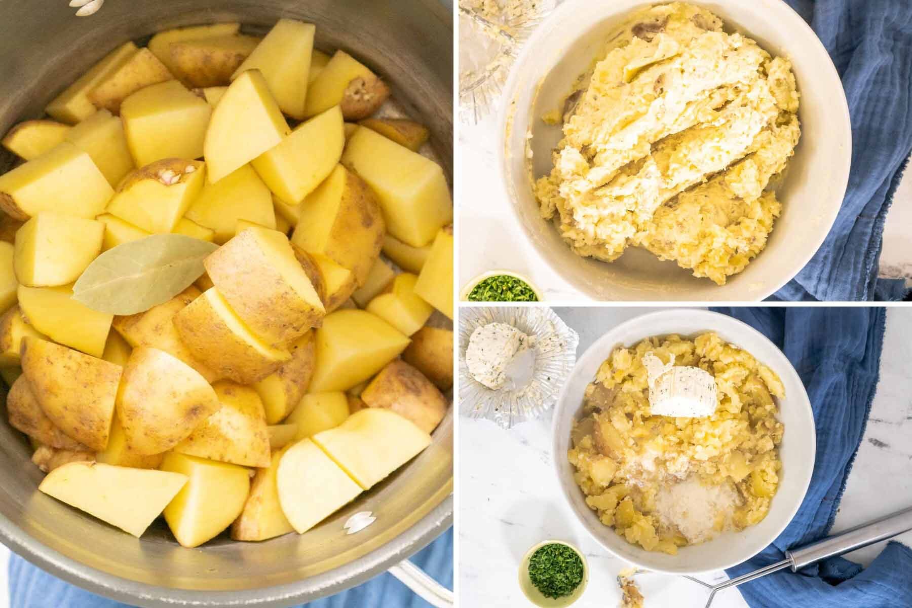 Boiling and mashing potatoes with boursin cheese.