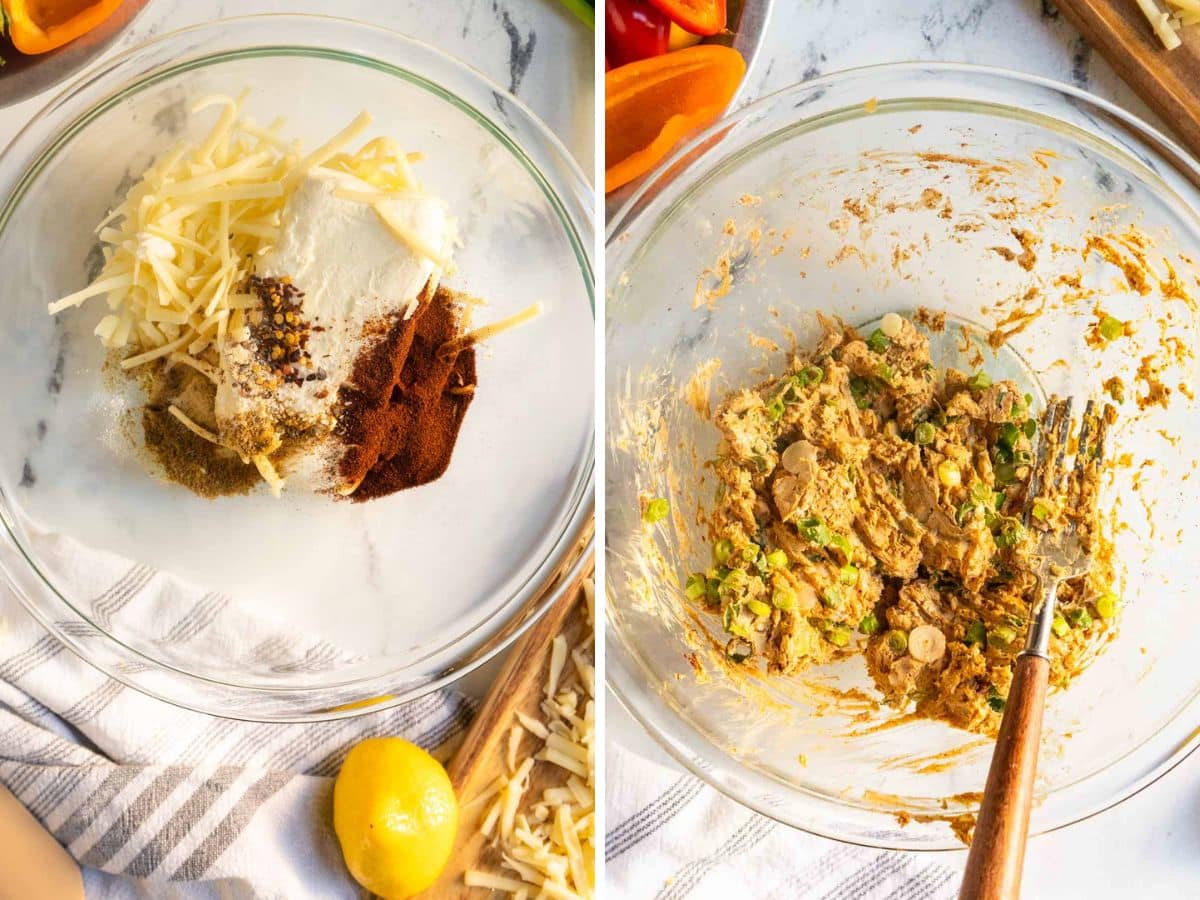 Ingredients and spices in a bowl with grated cheese on the left; on the right, the mixed ingredients are destined to become a savory blend for cream cheese stuffed peppers, stirred together gently with a fork.