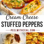 Cream cheese stuffed peppers on a wooden serving board.