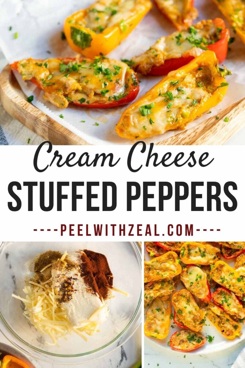 Cream cheese stuffed peppers on a wooden serving board.