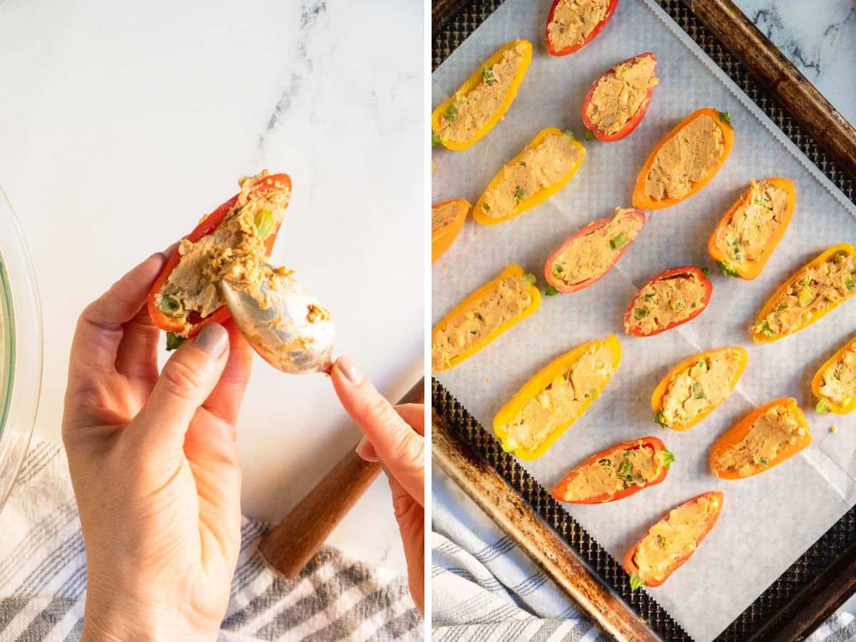 Left: A person uses a spoon to generously fill half a pepper with a creamy mixture. Right: Several cream cheese stuffed pepper halves rest on a parchment-lined baking sheet, ready for the oven.