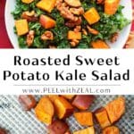 Kale in a bowl with cooked sweet potatoes and walnuts on top.